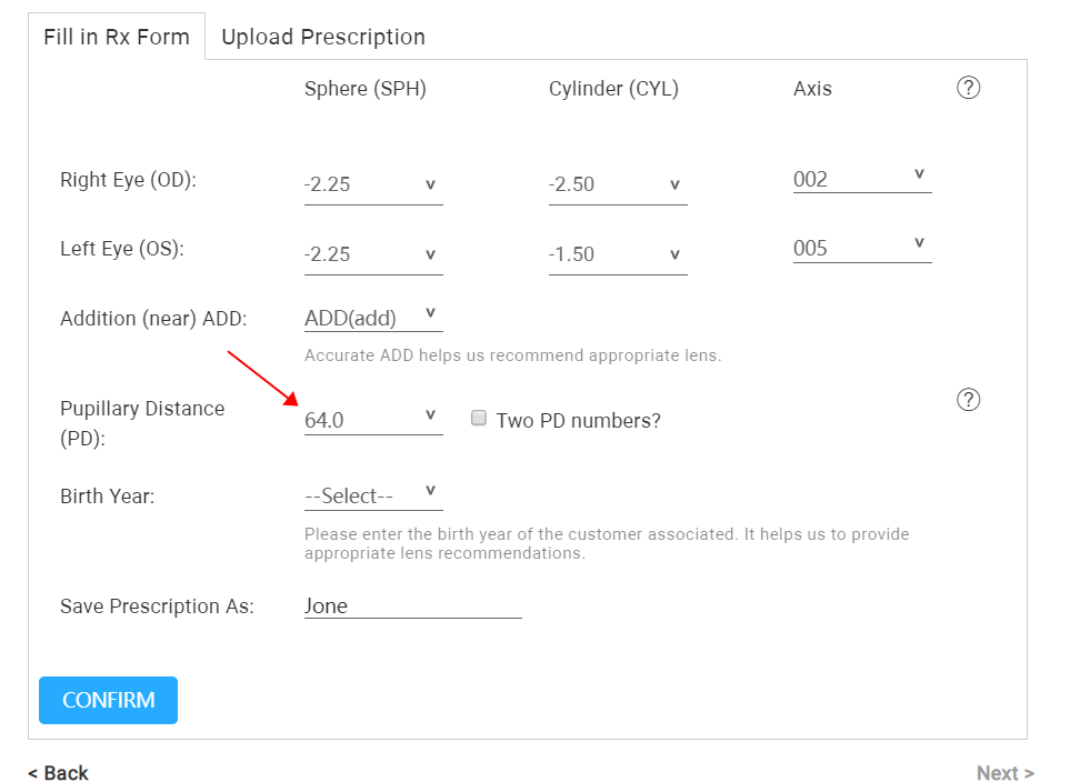 Glasses prescription store pd value