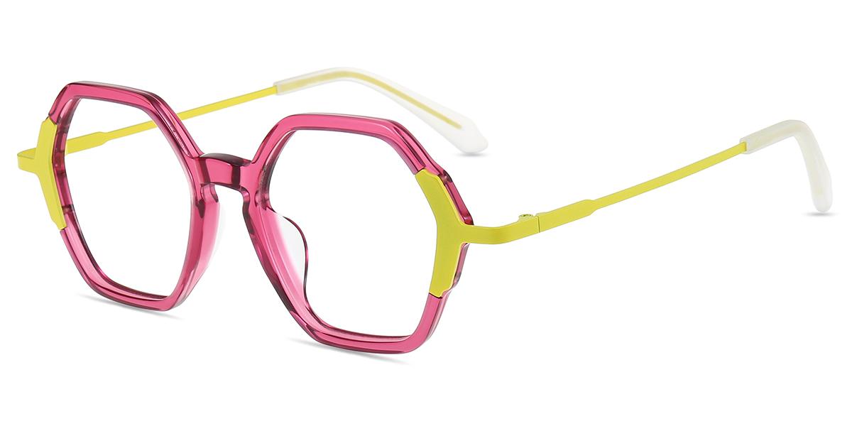 Unisex Brillen PM23056 Klar Rosa Gelb Acetat Metall Groß Polygon Fassung Firmoo DE